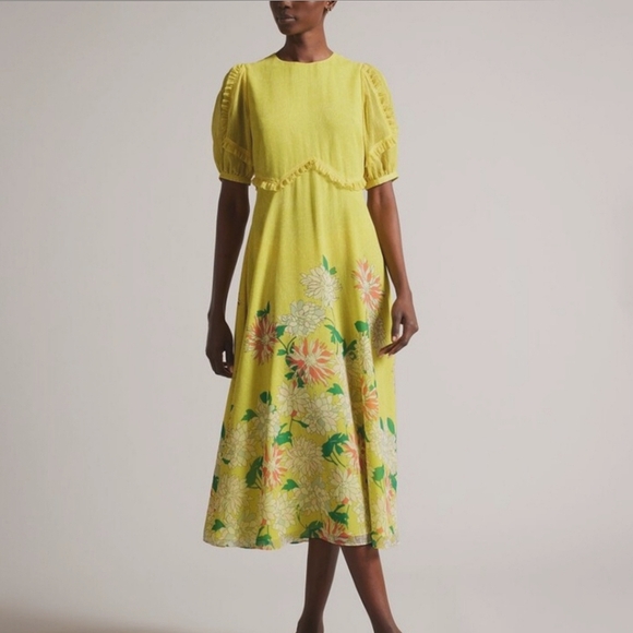 Ted Baker London Dresses & Skirts - Ted Baker Puff Sleeve Floral Print Midi Tea Dress US Size 10 Ruffle Detail